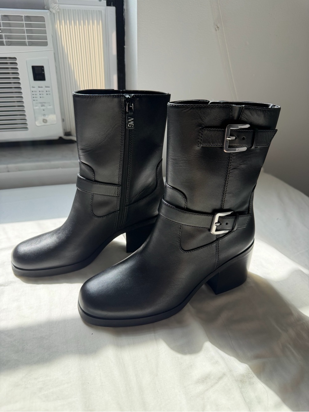 Stuart Weitzman Black Leather Buckle Mid-Calf Boots